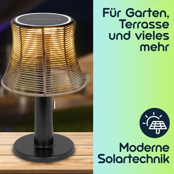Retro LED-Solar-Tischlampe mit Lampenschirm in Rattan-Optik , 21 x 33 cm, stimmungsvolle Beleuchtung für Garten & Terrasse, kabellos, wetterfest