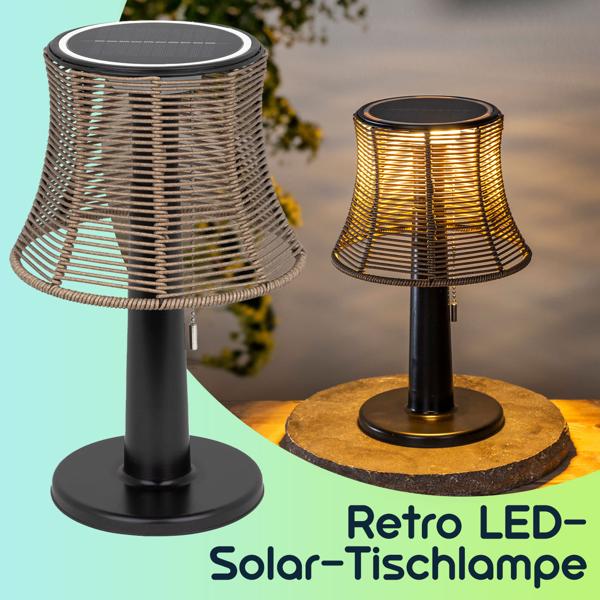 Retro LED-Solar-Tischlampe mit Lampenschirm in Rattan-Optik , 21 x 33 cm, stimmungsvolle Beleuchtung für Garten & Terrasse, kabellos, wetterfest