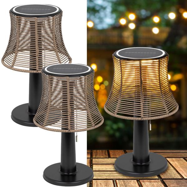 2er-Set Retro LED-Solar-Tischlampe mit Lampenschirm in Rattan-Optik , 21 x 33 cm, stimmungsvolle Beleuchtung für Garten & Terrasse, kabellos