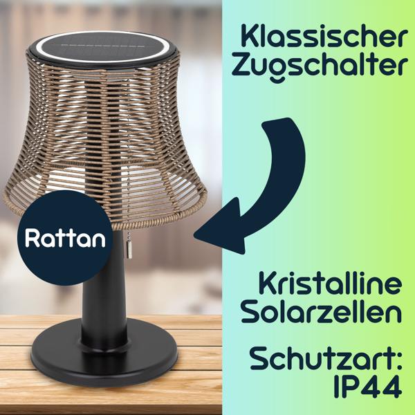 2er-Set Retro LED-Solar-Tischlampe mit Lampenschirm in Rattan-Optik , 21 x 33 cm, stimmungsvolle Beleuchtung für Garten & Terrasse, kabellos