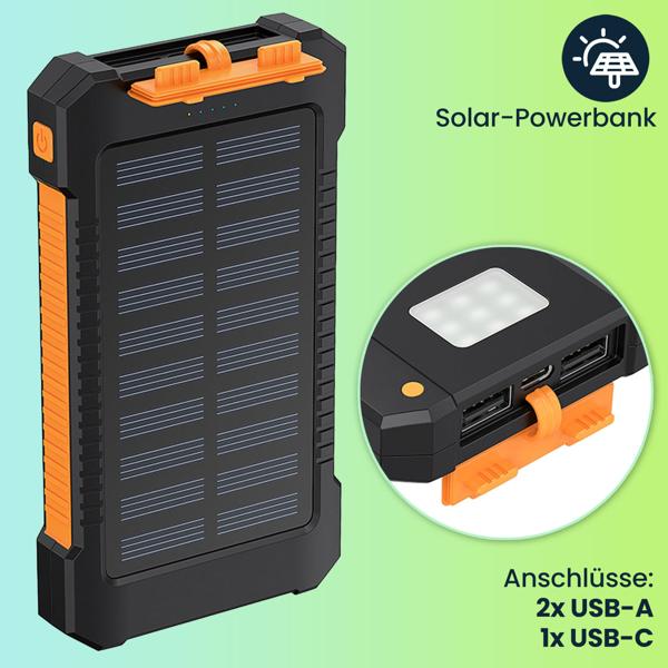 Solar-Powerbank 8.000 mAh IP65: Robust, 2x USB-A, LED-Licht – Eine Outdoor-Ladestation für Smartphone & Tablet auf jeder Tour