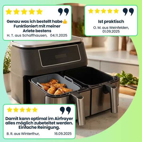 2er-Set Hochwertige Silikonform für Dual-Heissluftfritteuse, grau, 20 x 12,7 x 7 cm, Antihaft, hitzebeständig & spülmaschinenfest