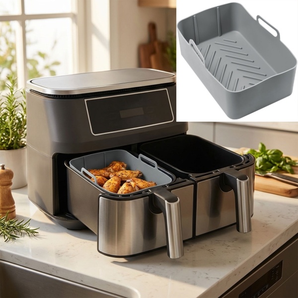 2er-Set Hochwertige Silikonform für Dual-Heissluftfritteuse, grau, 20 x 12,7 x 7 cm, Antihaft, hitzebeständig & spülmaschinenfest