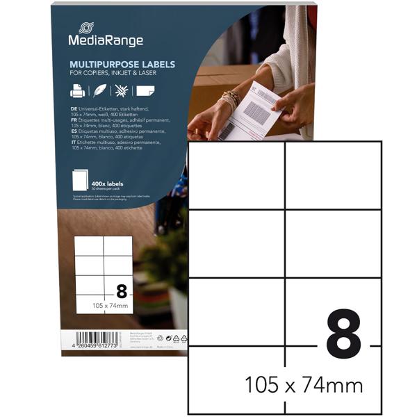 Universal-Klebeetiketten - stark haftend, selbstklebend, bedruckbar - 105 x 74 mm, 50 Blatt / 400 Etiketten, weiss - für alle Drucker