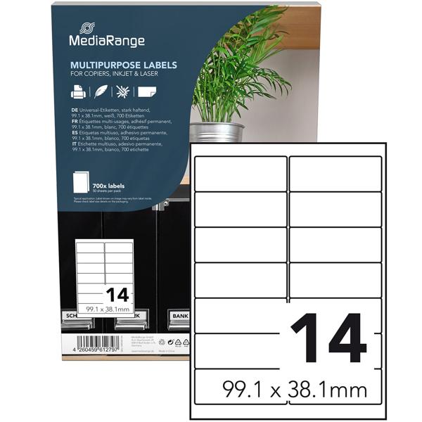 Universal-Klebeetiketten - stark haftend, bedruckbar für Laser/Tintenstrahldrucker, schnelltrocknend - 99.1x38.1mm - 50 Blatt/700 Etiketten, weiss