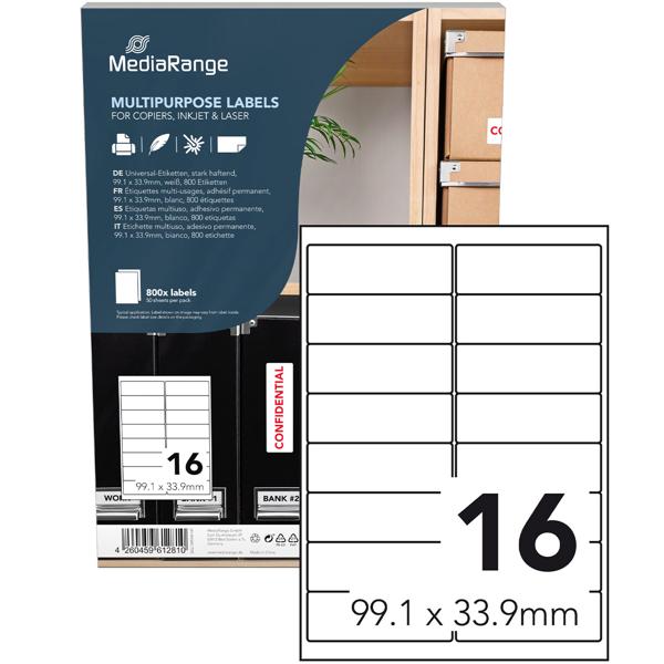 Universal-Klebe-Etiketten - stark haftend & schnelltrocknend - 99.1x33.9mm - 50 Blatt/800 Etiketten - Weiss - für Tintenstrahl/Laser Drucker