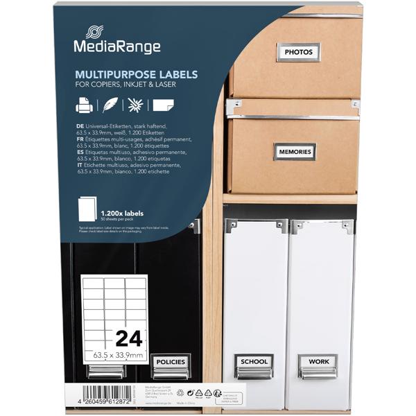 Universal-Klebe-Etiketten - stark haftend, schnelltrocknend & wischfest für Büro, Haushalt, Industrie - 63.5x33.9mm, 50 Blatt / 1200 Etiketten, weiss