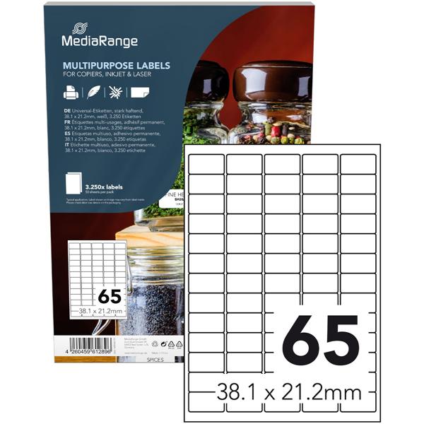 Universal-Klebe-Etiketten - stark haftend, selbstbedruckbar & wischfest - 38.1 x 21.2 mm, 3250 weisse Etiketten - für alle Drucker