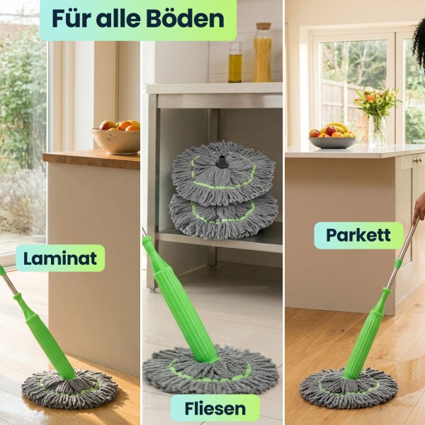 Wischmopp mit Auswringfunktion & Ersatzwischkopf – 360° drehbarer Mikrofaser-Wischmopp für streifenfreie Böden, 55cm Wischkopf