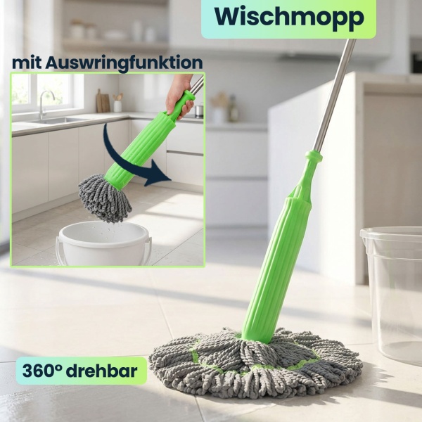 Wischmopp mit Auswringfunktion & Ersatzwischkopf – 360° drehbarer Mikrofaser-Wischmopp für streifenfreie Böden, 55cm Wischkopf
