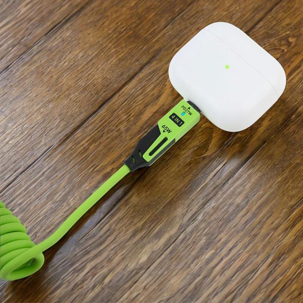 4er-Set 4in1 Spiralladekabel 65W, USB-C auf USB-C mit Adaptern für USB-A & Lightning - Multi Ladekabel für alle Smartphones und Laptops