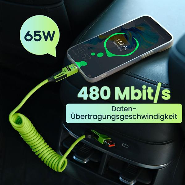 4in1 Spiralladekabel 65W, USB-C auf USB-C mit Adaptern für USB-A & Lightning - Multi Ladekabel für alle Smartphones und Laptops