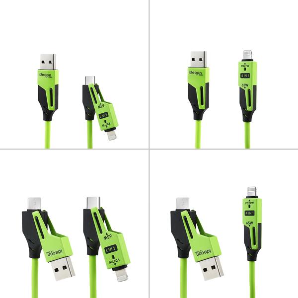 4er-Set 4in1 Spiralladekabel 65W, USB-C auf USB-C mit Adaptern für USB-A & Lightning - Multi Ladekabel für alle Smartphones und Laptops