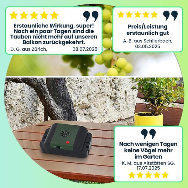 Mobiler Ultraschall Tauben- und Vogelvertreiber, 40m² - Effektive Abwehr, kabellos & wetterfest, für Garten, Balkon & Terrasse, tierfreundlich & sicher