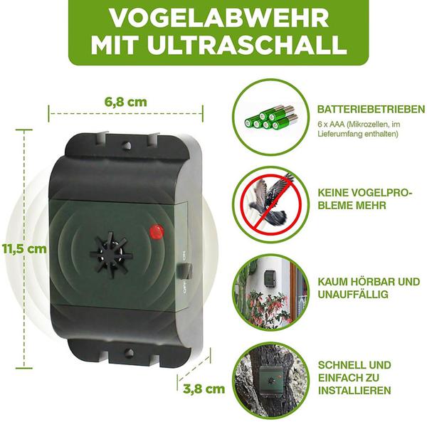 Mobiler Ultraschall Tauben- und Vogelvertreiber, 40m² - Effektive Abwehr, kabellos & wetterfest, für Garten, Balkon & Terrasse, tierfreundlich & sicher