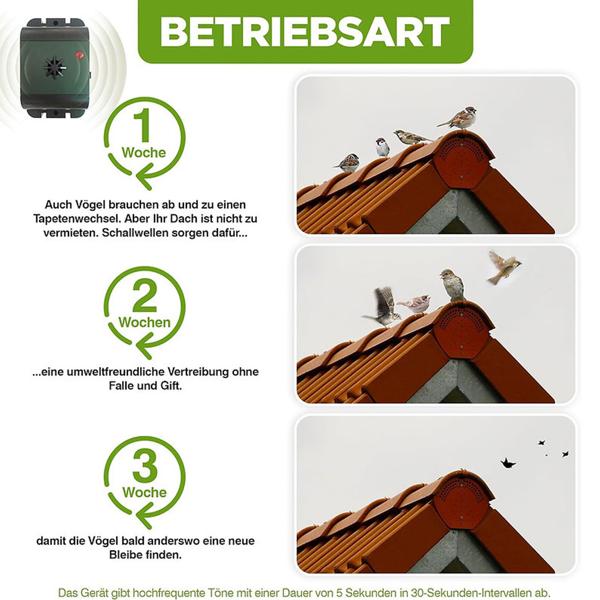 Mobiler Ultraschall Tauben- und Vogelvertreiber, 40m² - Effektive Abwehr, kabellos & wetterfest, für Garten, Balkon & Terrasse, tierfreundlich & sicher