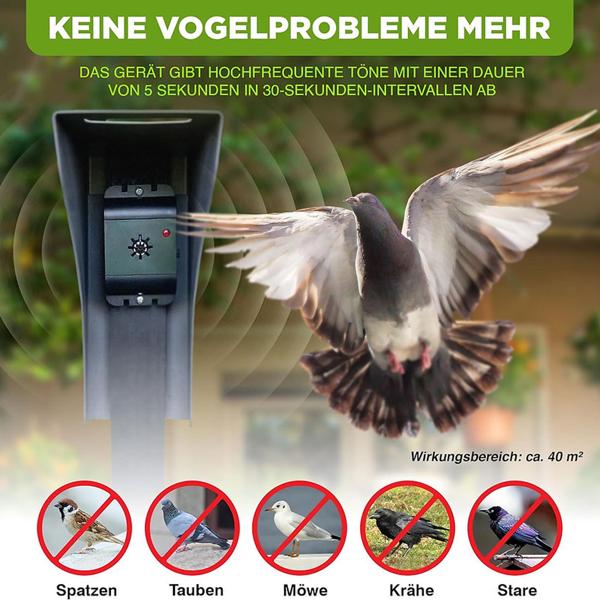 Mobiler Ultraschall Tauben- und Vogelvertreiber, 40m² - Effektive Abwehr, kabellos & wetterfest, für Garten, Balkon & Terrasse, tierfreundlich & sicher