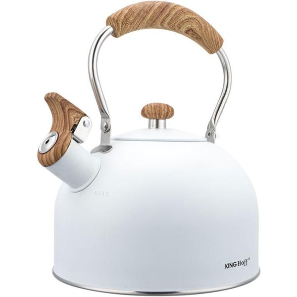 Eleganter Wasserkessel (2,5L, weiss): Edelstahl, Holzoptik-Griff - für alle Herdarten - Klassisch-modernes Design, Top Qualität