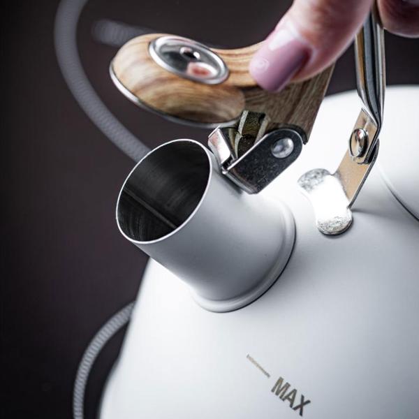 Eleganter Wasserkessel (2,5L, weiss): Edelstahl, Holzoptik-Griff - für alle Herdarten - Klassisch-modernes Design, Top Qualität