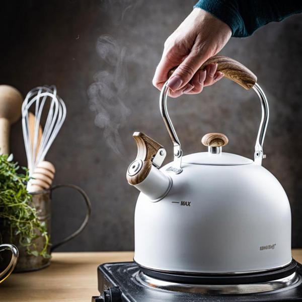 Eleganter Wasserkessel (2,5L, weiss): Edelstahl, Holzoptik-Griff - für alle Herdarten - Klassisch-modernes Design, Top Qualität