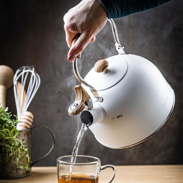 Eleganter Wasserkessel (2,5L, weiss): Edelstahl, Holzoptik-Griff - für alle Herdarten - Klassisch-modernes Design, Top Qualität