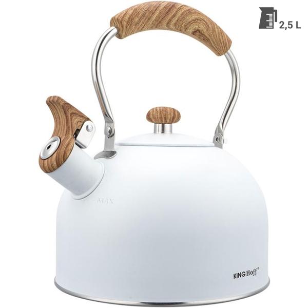 Eleganter Wasserkessel (2,5L, weiss): Edelstahl, Holzoptik-Griff - für alle Herdarten - Klassisch-modernes Design, Top Qualität