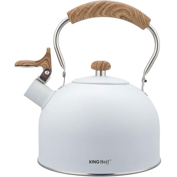 Eleganter Wasserkessel (2,5L, weiss): Edelstahl, Holzoptik-Griff - für alle Herdarten - Klassisch-modernes Design, Top Qualität