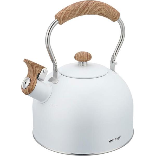 Eleganter Wasserkessel (2,5L, weiss): Edelstahl, Holzoptik-Griff - für alle Herdarten - Klassisch-modernes Design, Top Qualität