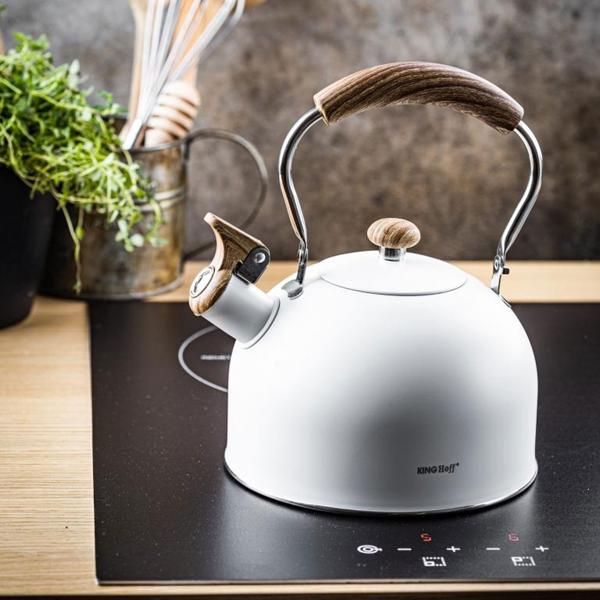 Eleganter Wasserkessel (2,5L, weiss): Edelstahl, Holzoptik-Griff - für alle Herdarten - Klassisch-modernes Design, Top Qualität