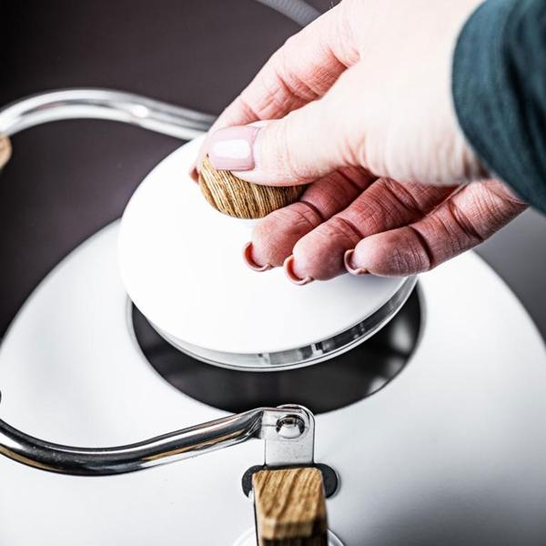 Eleganter Wasserkessel (2,5L, weiss): Edelstahl, Holzoptik-Griff - für alle Herdarten - Klassisch-modernes Design, Top Qualität