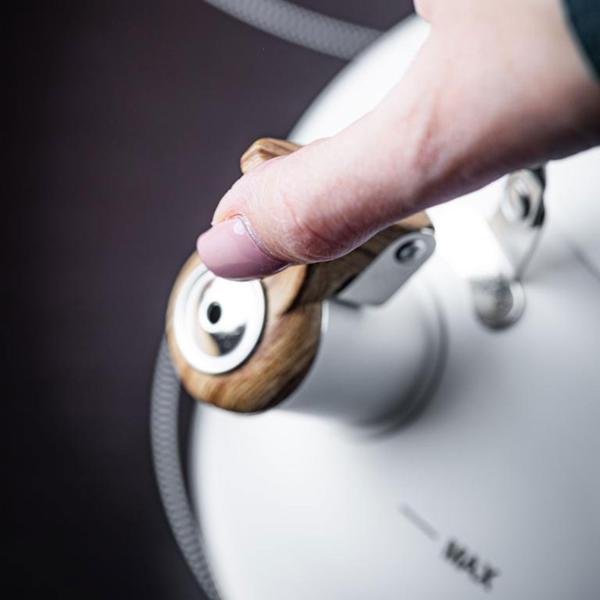 Eleganter Wasserkessel (2,5L, weiss): Edelstahl, Holzoptik-Griff - für alle Herdarten - Klassisch-modernes Design, Top Qualität