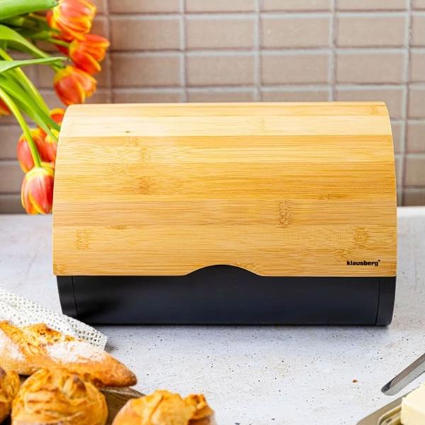 Moderner Brotkasten, lackierter Stahl matt-schwarz mit Deckel aus Bambus, 32 x 24 x 20,5 cm, für langanhaltende Frische & stilvolle Aufbewahrung