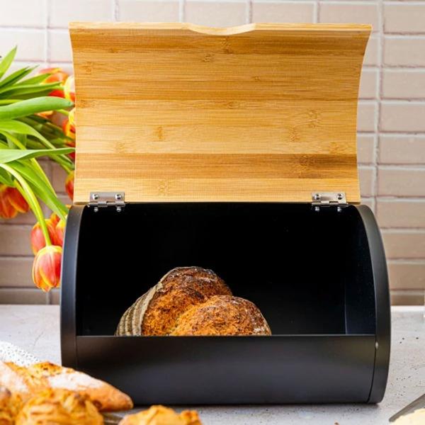 Moderner Brotkasten, lackierter Stahl matt-schwarz mit Deckel aus Bambus, 32 x 24 x 20,5 cm, für langanhaltende Frische & stilvolle Aufbewahrung