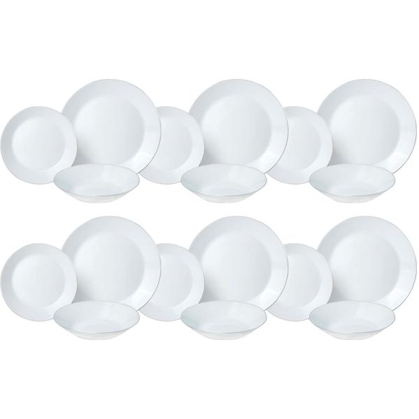 Edles 18-tlg. Geschirr-Set (Opal-weiss, Silberrand) - aus Glas - 6x Speise-, Suppen-, Dessertteller - Zeitlos, hochwertig, stilvoll