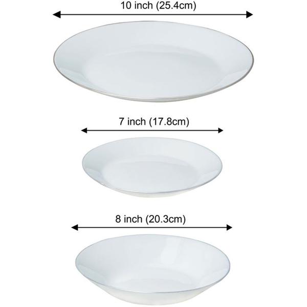 Edles 18-tlg. Geschirr-Set (Opal-weiss, Silberrand) - aus Glas - 6x Speise-, Suppen-, Dessertteller - Zeitlos, hochwertig, stilvoll
