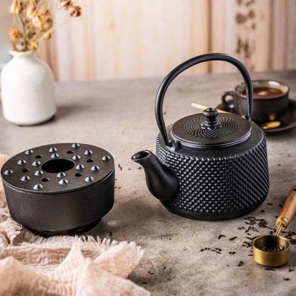 Elegante Teekanne mit Rechaud aus Gusseisen, schwarz: für langanhaltende Wärme & stilvollen Teegenuss