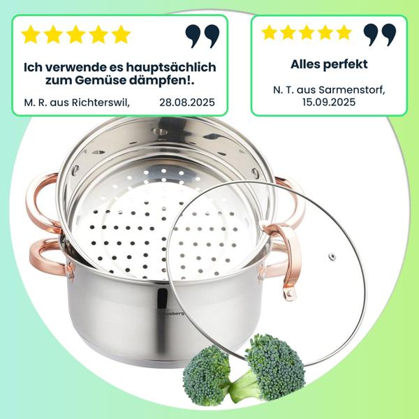Edler Kochtopf inklusive Dampfeinsatz und Deckel, silber-roségold, 5 l - schonendes Garen durch Dampf - geeignet für alle Herdarten