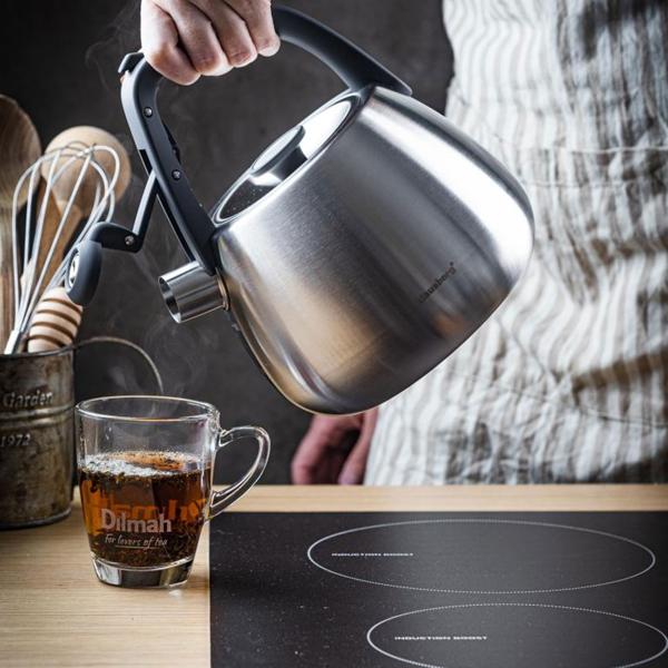 Klassischer Edelstahl-Wasserkessel mit schwarzen Griffen, 2,5 l, für alle Herdarten inklusive Induktion, hochwertig & elegant