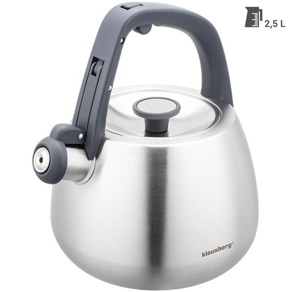 Klassischer Edelstahl-Wasserkessel mit schwarzen Griffen, 2,5 l, für alle Herdarten inklusive Induktion, hochwertig & elegant