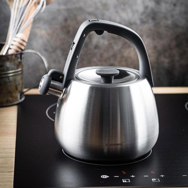 Klassischer Edelstahl-Wasserkessel mit schwarzen Griffen, 2,5 l, für alle Herdarten inklusive Induktion, hochwertig & elegant