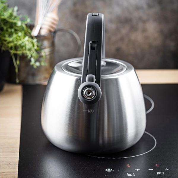 Klassischer Edelstahl-Wasserkessel mit schwarzen Griffen, 2,5 l, für alle Herdarten inklusive Induktion, hochwertig & elegant