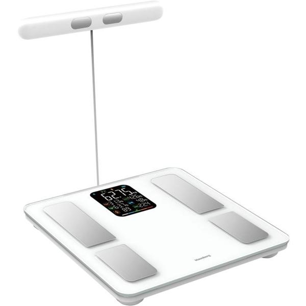 Profi Personenwaage mit Handsensoren & digitalem Farbdisplay, weiss: umfangreiche Körperanalyse für Gesundheit & Fitness, präzise Messungen