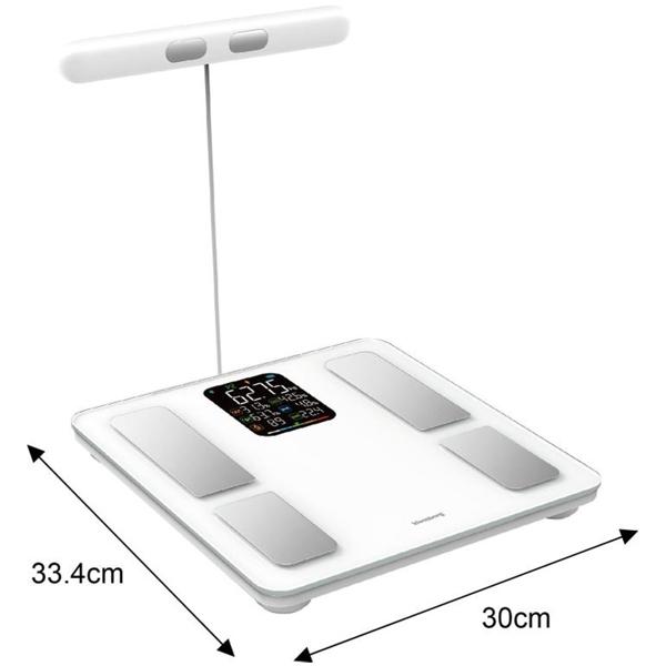 Profi Personenwaage mit Handsensoren & digitalem Farbdisplay, weiss: umfangreiche Körperanalyse für Gesundheit & Fitness, präzise Messungen