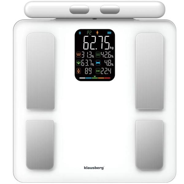 Profi Personenwaage mit Handsensoren & digitalem Farbdisplay, weiss: umfangreiche Körperanalyse für Gesundheit & Fitness, präzise Messungen