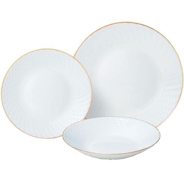 Edles 18-teiliges Geschirr-Set aus Glas opal-weiss mit Goldrand - für 6 Personen - spülmaschinen- & mikrowellengeeignet - hochwertig & zeitlos