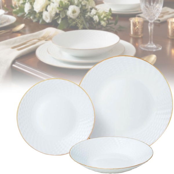 Edles 18-teiliges Geschirr-Set aus Glas opal-weiss mit Goldrand - für 6 Personen - spülmaschinen- & mikrowellengeeignet - hochwertig & zeitlos