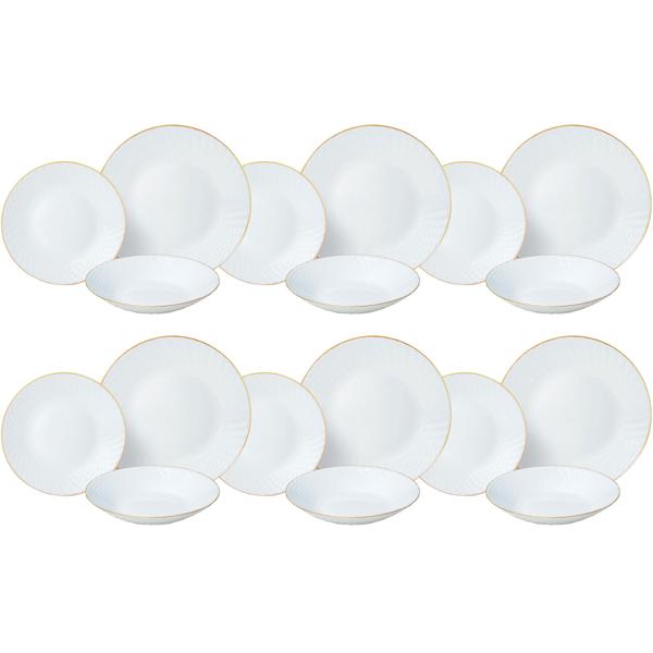 Edles 18-teiliges Geschirr-Set aus Glas opal-weiss mit Goldrand - für 6 Personen - spülmaschinen- & mikrowellengeeignet - hochwertig & zeitlos