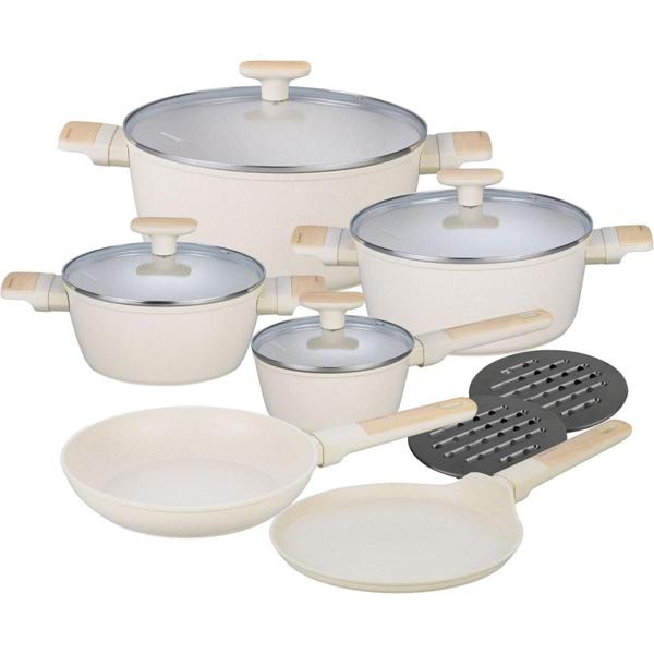 Hochwertiges Design Kochset m. marmorierter Antihaftbeschichtung, inkl. Untersetzer, Glasdeckel, Soft Touch Griffe, 12-teilig, beige