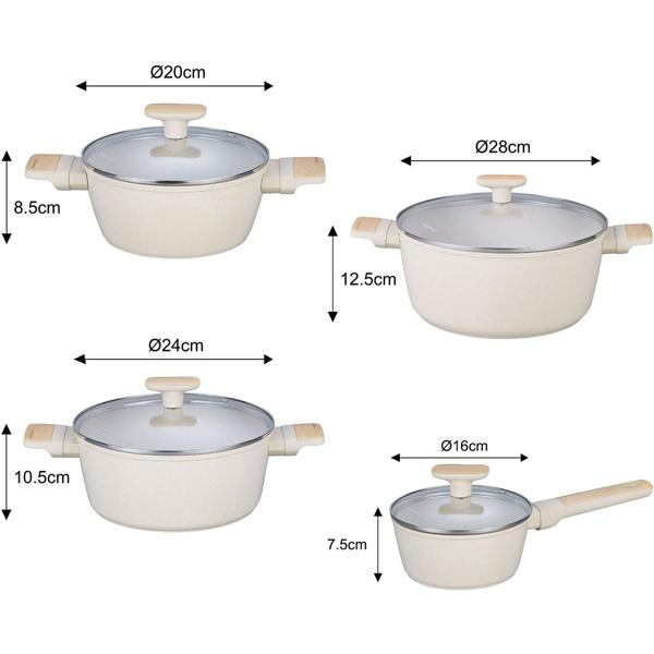 Hochwertiges Design Kochset m. marmorierter Antihaftbeschichtung, inkl. Untersetzer, Glasdeckel, Soft Touch Griffe, 12-teilig, beige