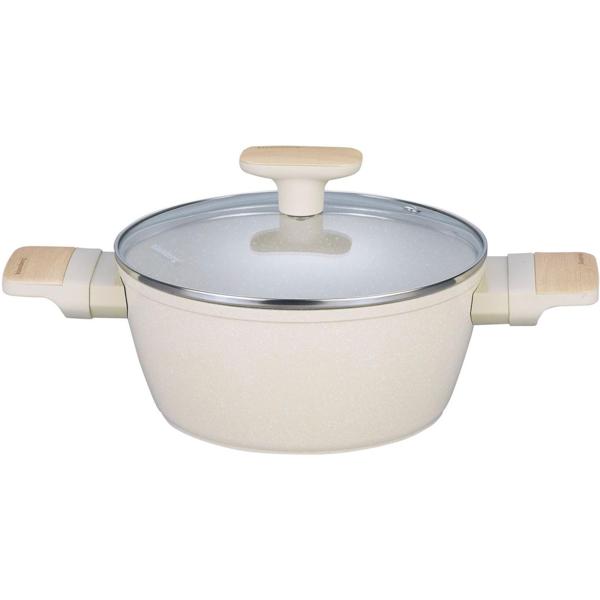 Hochwertiges Design Kochset m. marmorierter Antihaftbeschichtung, inkl. Untersetzer, Glasdeckel, Soft Touch Griffe, 12-teilig, beige